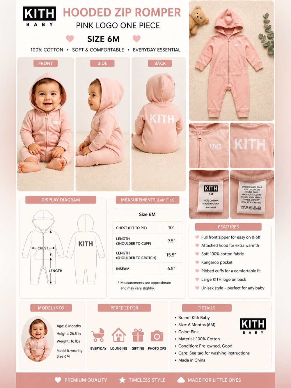 Kith Baby Hooded Zip Romper Pink Logo One Piece Coverall Size 6M 100% Cotton